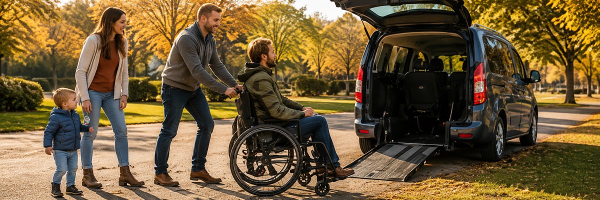 Customer receiving advice at wheelchair vehicle showroom